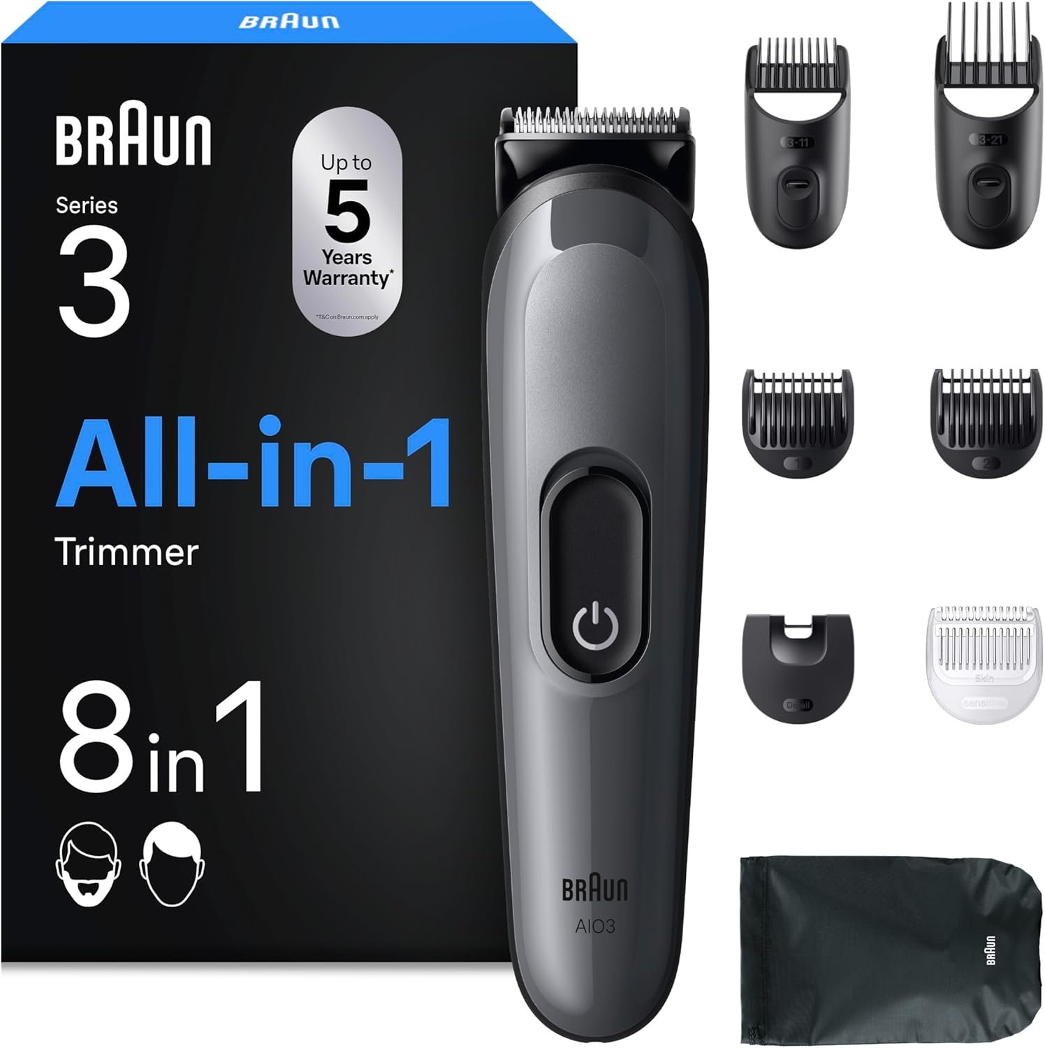 71jBDcjLWlL._AC_SL1500_ مجموعة حلاقة الكل في واحد سلسلة 3 8 في 1، شفرة حادة للغاية، 14 طول AIO3540 من براون، رمادي - الصورة 1